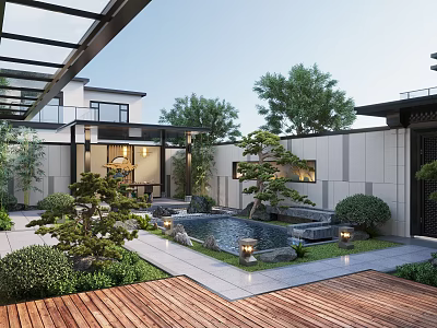 Modern Courtyard Garden Design With Pond Wooden Deck Green Plants Stone Pathway And Landscape Lighting 3d model