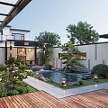 Modern Courtyard Garden Design With Pond Wooden Deck Green Plants Stone Pathway And Landscape Lighting
