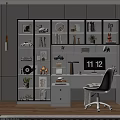 Modern Home Office Desk With White Chair Glass Door Bookshelf And Decorative Items