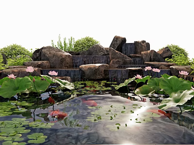 Natural Rockery Waterfall Pond With Lotus Flowers Lily Pads And Koi Fish 3d model