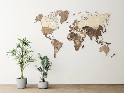 Stylish Wooden World Map Wall Decor on White Wall with Potted Plants and Wooden Floor 3d model