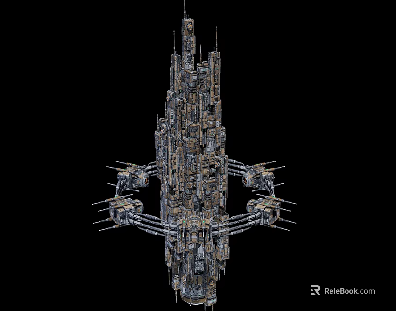 Cartoon Sci Fi Spaceship Scene With Metallic Structures Pipes Towers And Dark Background 3d model 