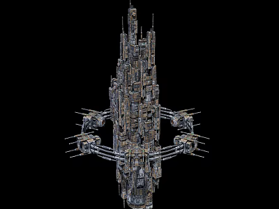 Cartoon Sci Fi Spaceship Scene With Metallic Structures Pipes Towers And Dark Background 3d model