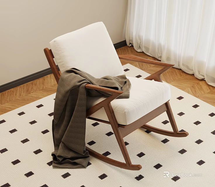 Wooden Rocking Chair With White Cushion And Brown Blanket On Checkered Rug 3d model 