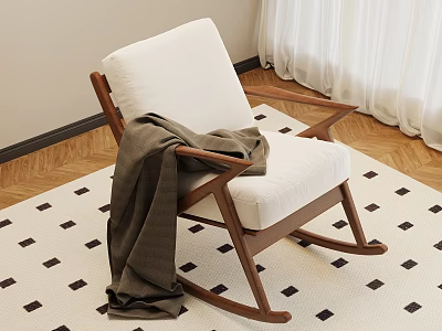 Wooden Rocking Chair With White Cushion And Brown Blanket On Checkered Rug 3d model