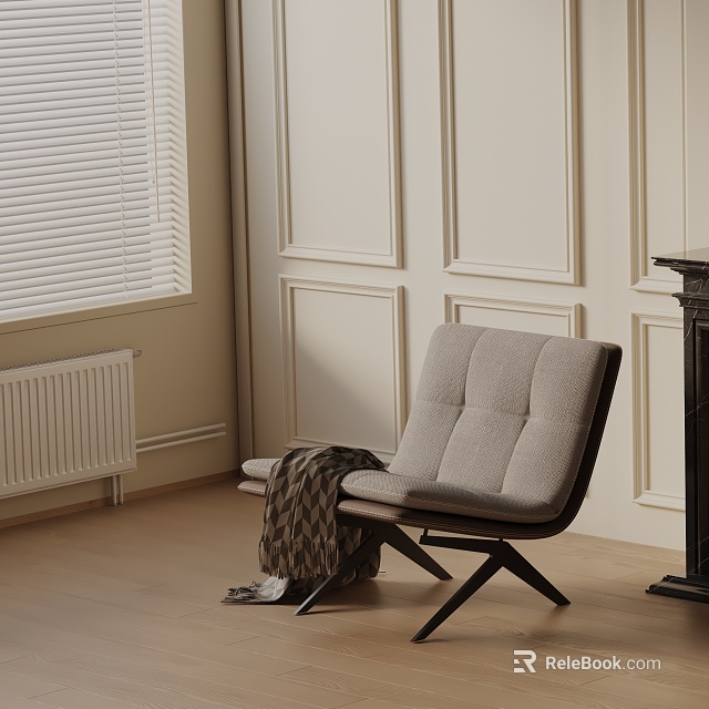Light Gray Fabric Accent Chair with Wooden Legs and Knitted Blanket in Paneled Wall Room with Window Blinds 3d model 