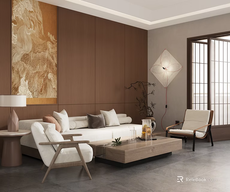 Elegant Hotel Public Lounge Interior With Wooden Walls White Sofa And Large Windows 3d model 