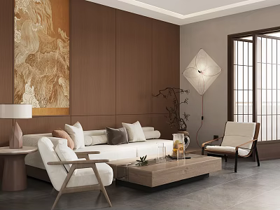 Elegant Hotel Public Lounge Interior With Wooden Walls White Sofa And Large Windows 3d model