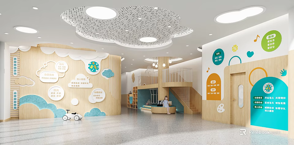 Colorful Kindergarten Interior Design With Cloud Shaped Ceiling Round Lights Wooden Decor And Staircase 3d model 