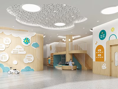 Colorful Kindergarten Interior Design With Cloud Shaped Ceiling Round Lights Wooden Decor And Staircase 3d model