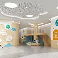Colorful Kindergarten Interior Design With Cloud Shaped Ceiling Round Lights Wooden Decor And Staircase