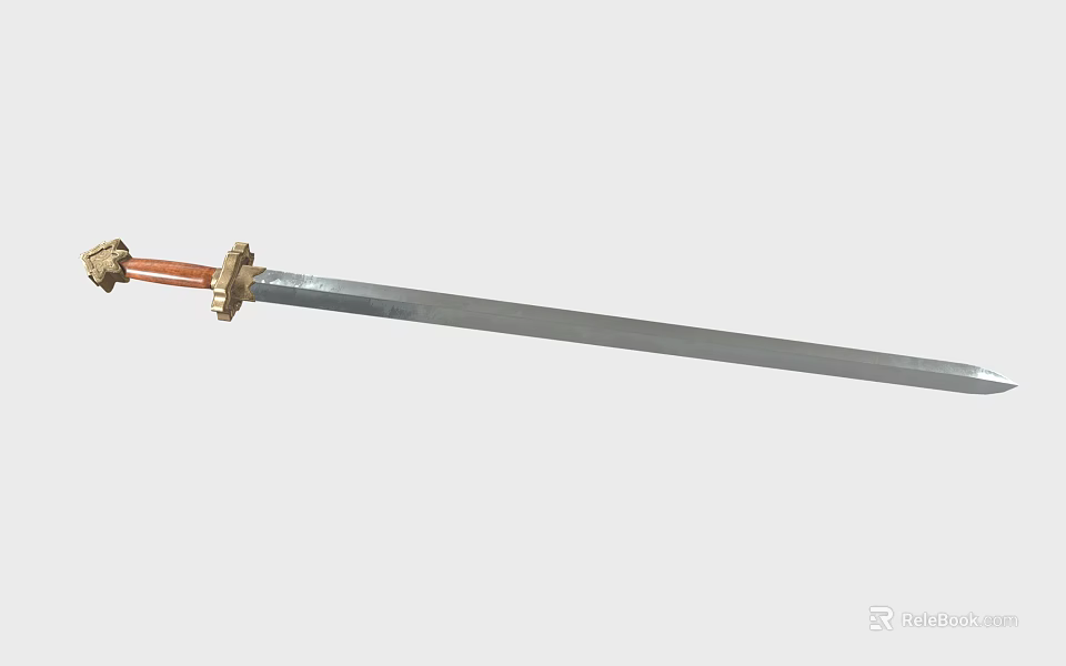 Traditional Ancient Sword With Silver Sharp Blade And Gold Red Decorative Hilt 3d model 