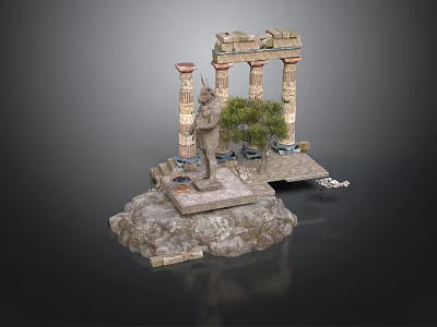 Ancient Greek Architectural Scene With Columns Statue Tree Stone Base And Platform 3d model