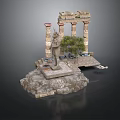 Ancient Greek Architectural Scene With Columns Statue Tree Stone Base And Platform