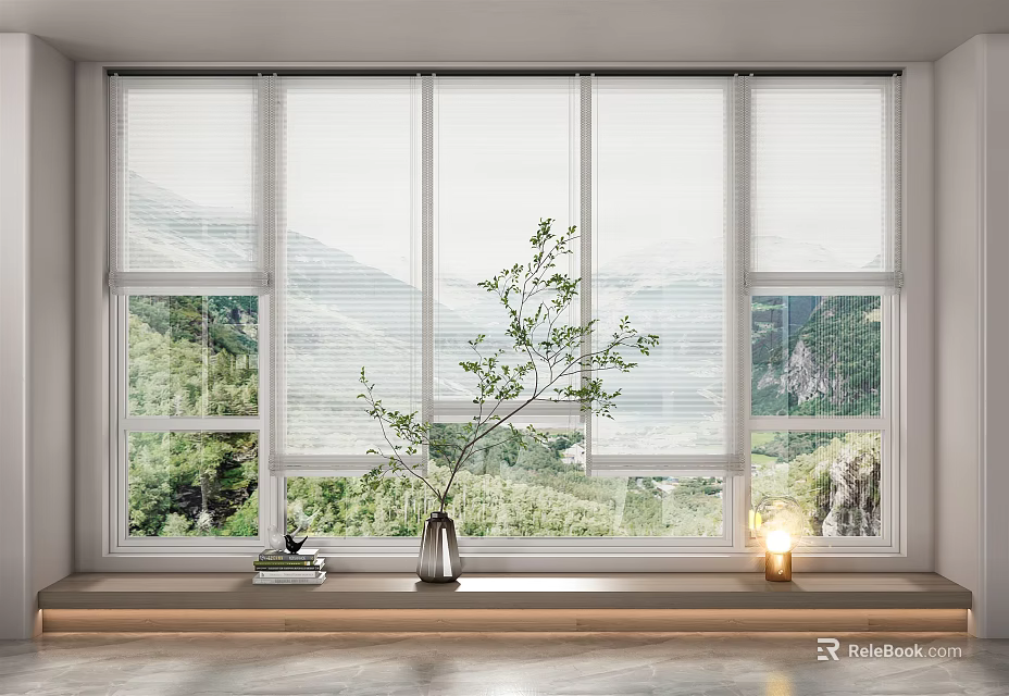 Modern Floor to Ceiling Windows Interior With Potted Plant Books And Lush Mountain View 3d model 