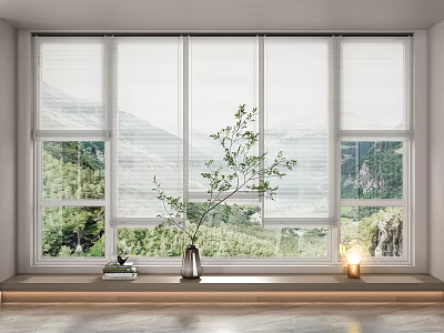 Modern Floor to Ceiling Windows Interior With Potted Plant Books And Lush Mountain View 3d model