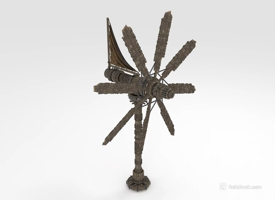 Traditional Agricultural Windmill Equipment With Multiple Blades And Stable Base Structure 3d model 