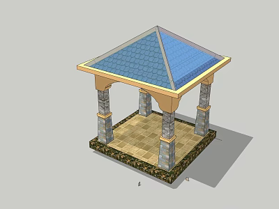 Elegant Garden Pavilion With Blue Tiled Roof Decorative Columns And Stone Base 3d model