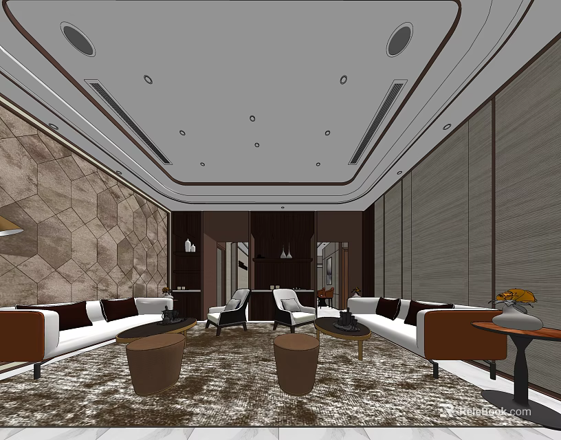 Modern Store Front Desk With Elegant Sofa And Decorative Wall Design 3d model
