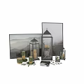 Decorative Ornament Set With Glass Lanterns Candles Greenery And Framed Art