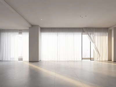 Spacious Modern Living Room Interior With Bright Lighting Large Windows White Curtains And Light Flooring 3d model