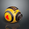 Yellow Spherical Mechanical Object With Black Stripes And Red Triangular Symbol 3d model