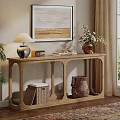 Natural Wooden Console Table with Lamp Vase Books Storage Baskets in Cozy Entryway