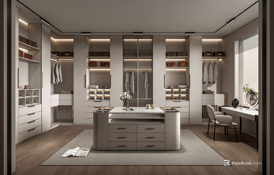 Modern Spacious Walk-in Closet Interior With Multiple Cabinets Open Storage Worktable And Warm Lighting 3d model 
