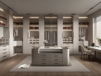 Modern Spacious Walk-in Closet Interior With Multiple Cabinets Open Storage Worktable And Warm Lighting 3d model