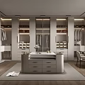 Modern Spacious Walk-in Closet Interior With Multiple Cabinets Open Storage Worktable And Warm Lighting