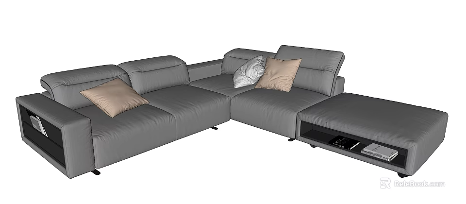 Modern Gray Sectional Sofa With Accent Pillows And Side Table Magazines 3d model