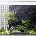 Indoor Landscape With Black Stone Wall Green Plants Ferns And White Lattice