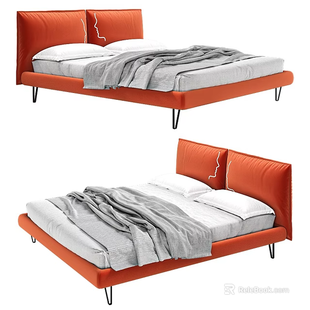 Sleek Orange Double Bed With Upholstered Headboard Gray Blanket And White Pillows 3d model 