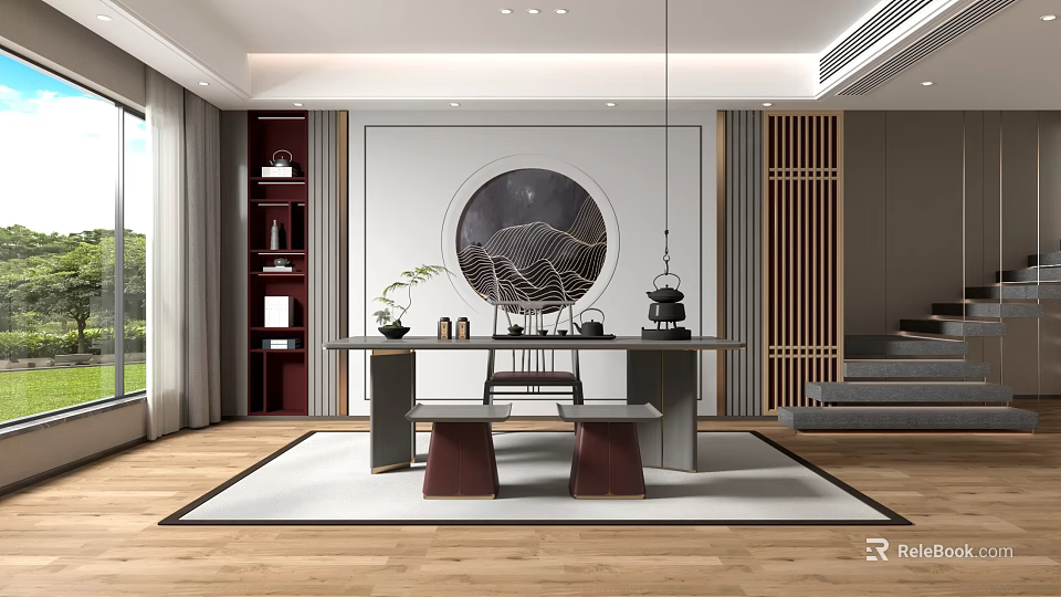 Traditional Chinese Tea Room Interior With Round Landscape Painting Wooden Screen And Tea Sets 3d model 