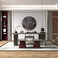 Traditional Chinese Tea Room Interior With Round Landscape Painting Wooden Screen And Tea Sets