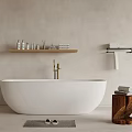 Bathroom Interior With White Freestanding Bathtub Wooden Shelf Toiletries Towel Rack And Slippers