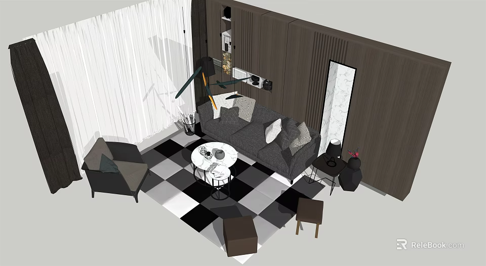 Modern Living Room Sofa And Coffee Table Set With Checkered Floor Floor Lamp And Mirror 3d model 