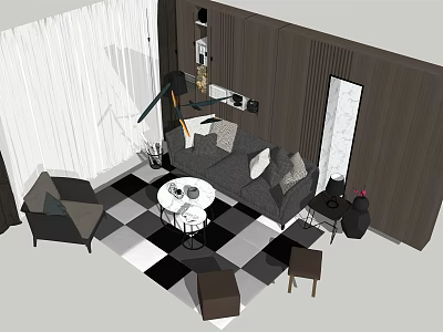 Modern Living Room Sofa And Coffee Table Set With Checkered Floor Floor Lamp And Mirror 3d model