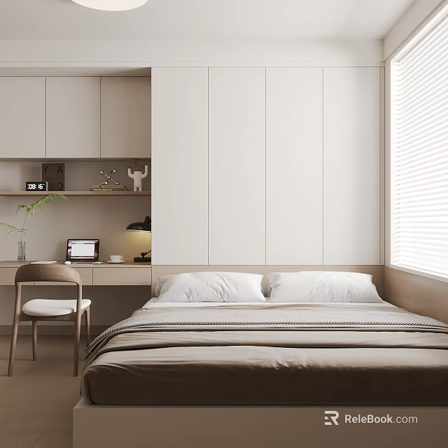 Modern Tatami Bedroom Interior With Desk Chair Lamp Potted Plant Window White Blinds And Cabinets 3d model 
