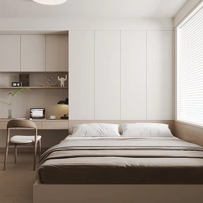 Modern Tatami Bedroom Interior With Desk Chair Lamp Potted Plant Window White Blinds And Cabinets 3d model