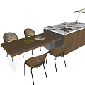 Modern Dining Table Set With Wooden Tabletop Marble Counter And Rattan Chairs