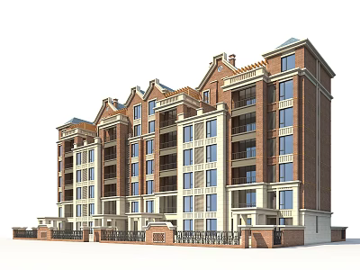 Multi Storey Residential Building With Red Brick Exterior And Light Colored Walls 3d model