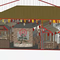 Traditional Chinese Restaurant Interior With Red Lanterns Hanging Banners And Straw Roof