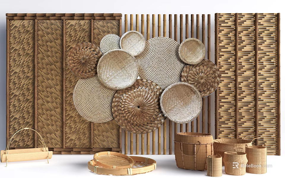 Bamboo Woven Background Wall Featuring Circular Decorations Natural Texture And Bamboo Baskets 3d model 