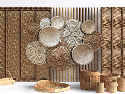 Bamboo Woven Background Wall Featuring Circular Decorations Natural Texture And Bamboo Baskets 3d model