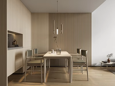 Modern Living Dining Room Open Concept Wooden Table Chairs Pendant Lights Vertical Striped Wall 3d model