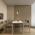 Modern Living Dining Room Open Concept Wooden Table Chairs Pendant Lights Vertical Striped Wall