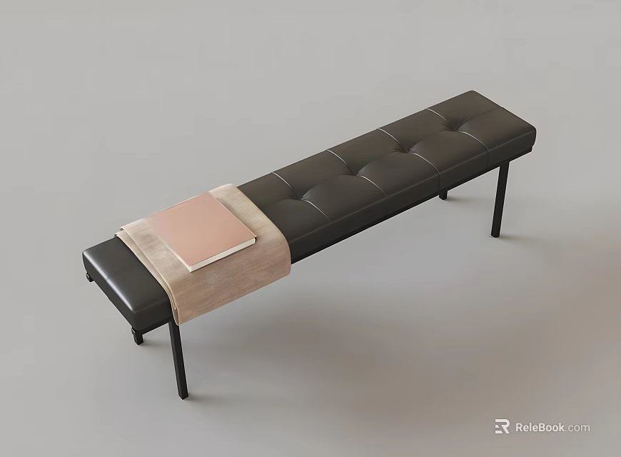 Black Leather Padded Sofa Bench With Pink Cushion And Light Blanket 3d model 