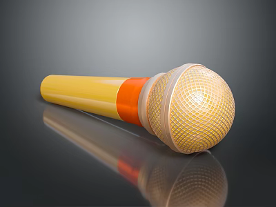 Yellow Handle Microphone With Orange Ring Gold Mesh Grille On Black Surface With Reflection 3d model
