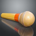 Yellow Handle Microphone With Orange Ring Gold Mesh Grille On Black Surface With Reflection 3d model
